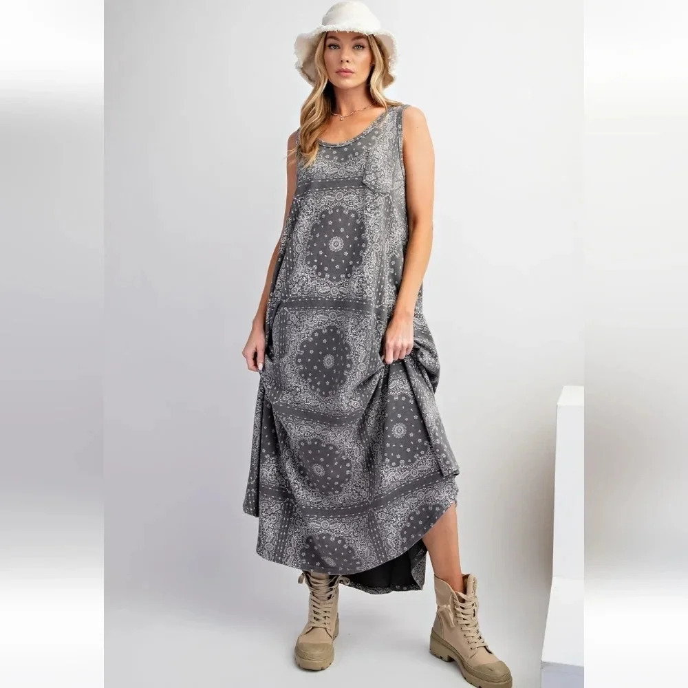 New! Easel Ash Bandana Print Mineral Washed Cotton Maxi Dress - Picture 5 of 5